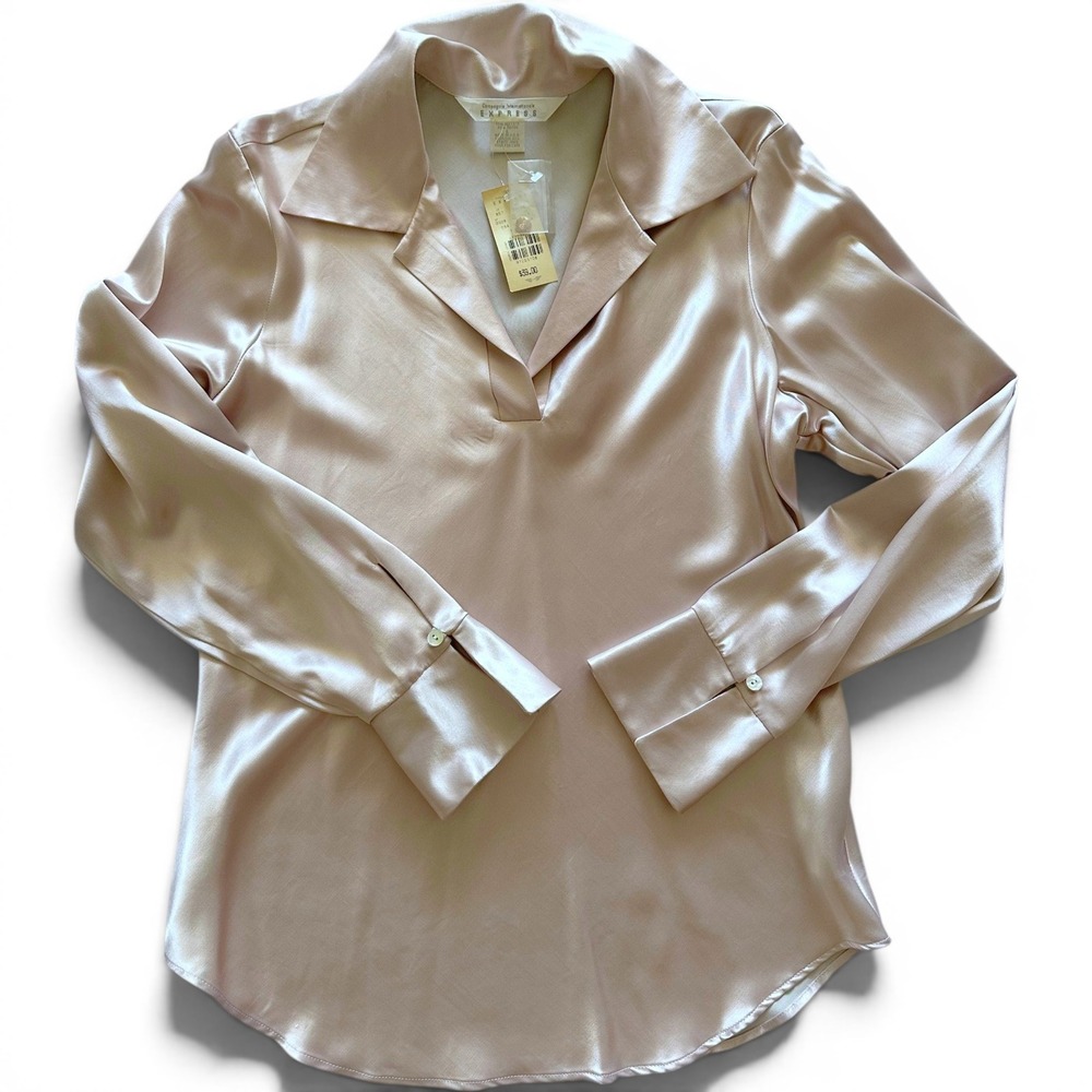 Vintage 90s Express Satin Blouse Champagne Taupe V-Neck Long Sleeve NWT L